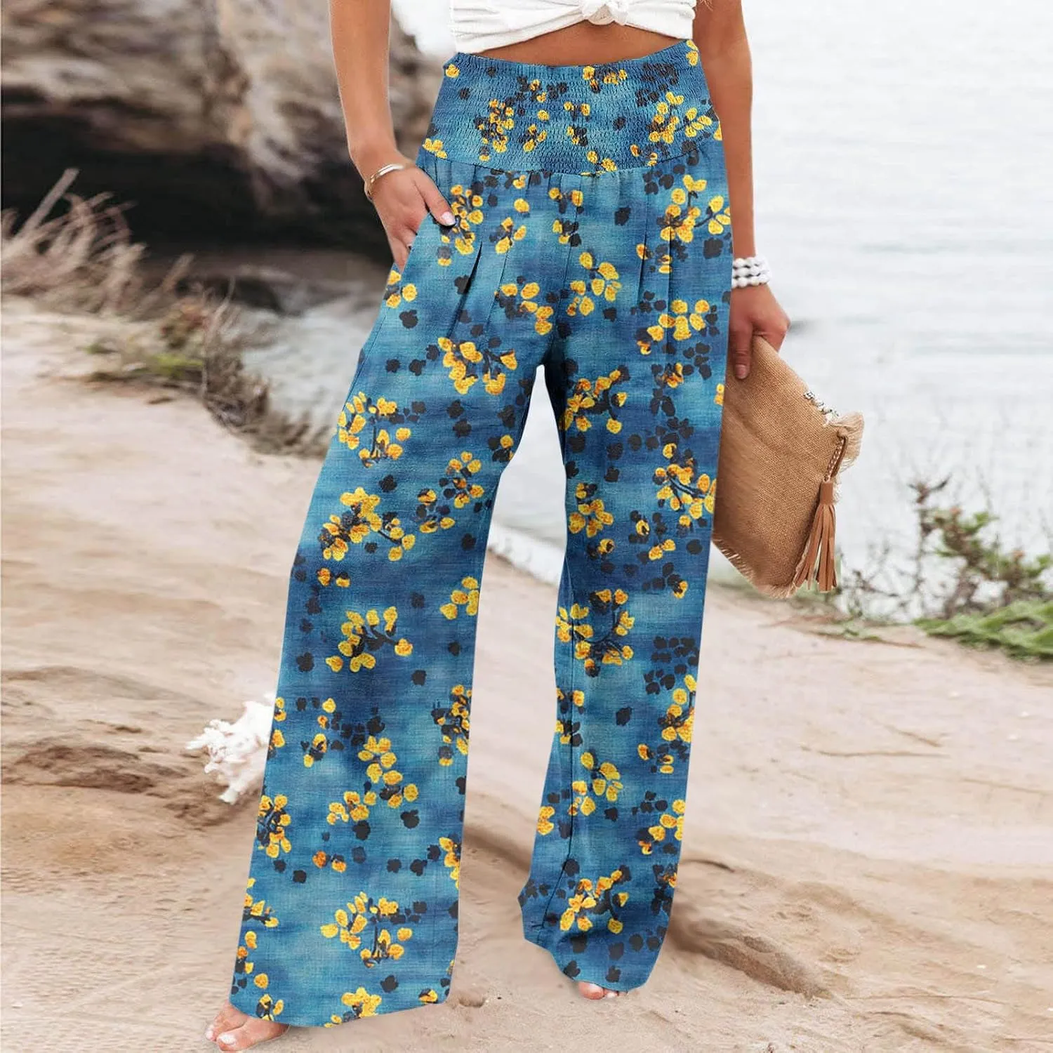 Palazzo Cotton Linen Pants Women Novelty Graphic Elastic High Waist Straight Leg Trousers Summer Casual Beach Pant