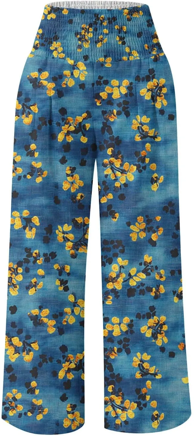 Palazzo Cotton Linen Pants Women Novelty Graphic Elastic High Waist Straight Leg Trousers Summer Casual Beach Pant