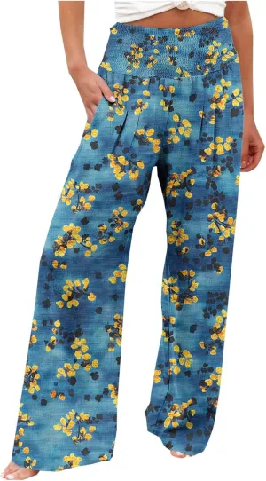 Palazzo Cotton Linen Pants Women Novelty Graphic Elastic High Waist Straight Leg Trousers Summer Casual Beach Pant