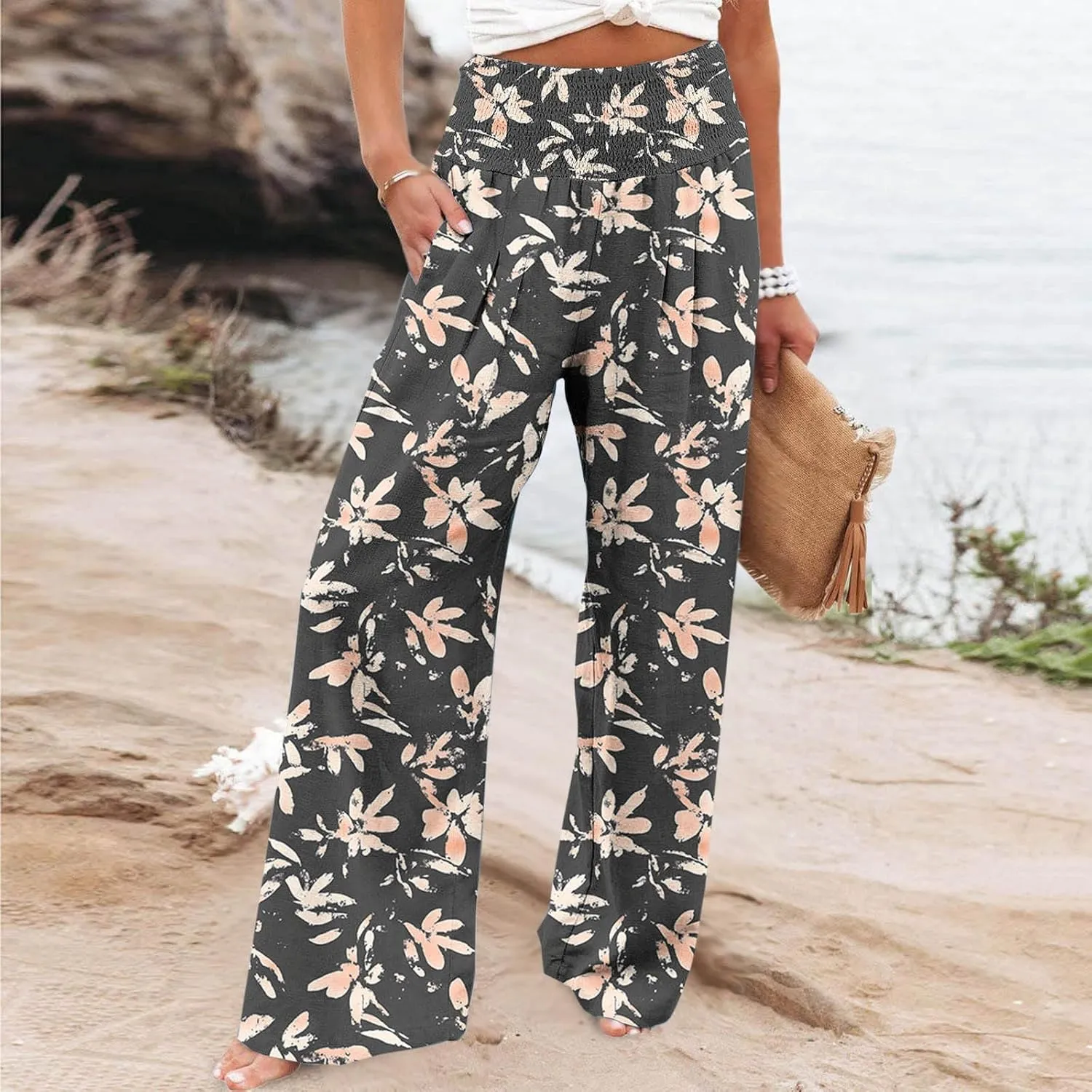 Palazzo Cotton Linen Pants Women Novelty Graphic Elastic High Waist Straight Leg Trousers Summer Casual Beach Pant