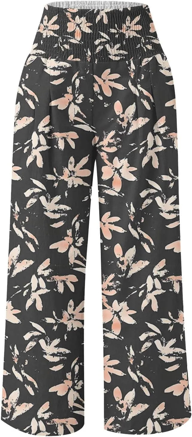 Palazzo Cotton Linen Pants Women Novelty Graphic Elastic High Waist Straight Leg Trousers Summer Casual Beach Pant