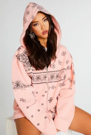 Pink Paisley Cut & Sew Zip Up Hoodie