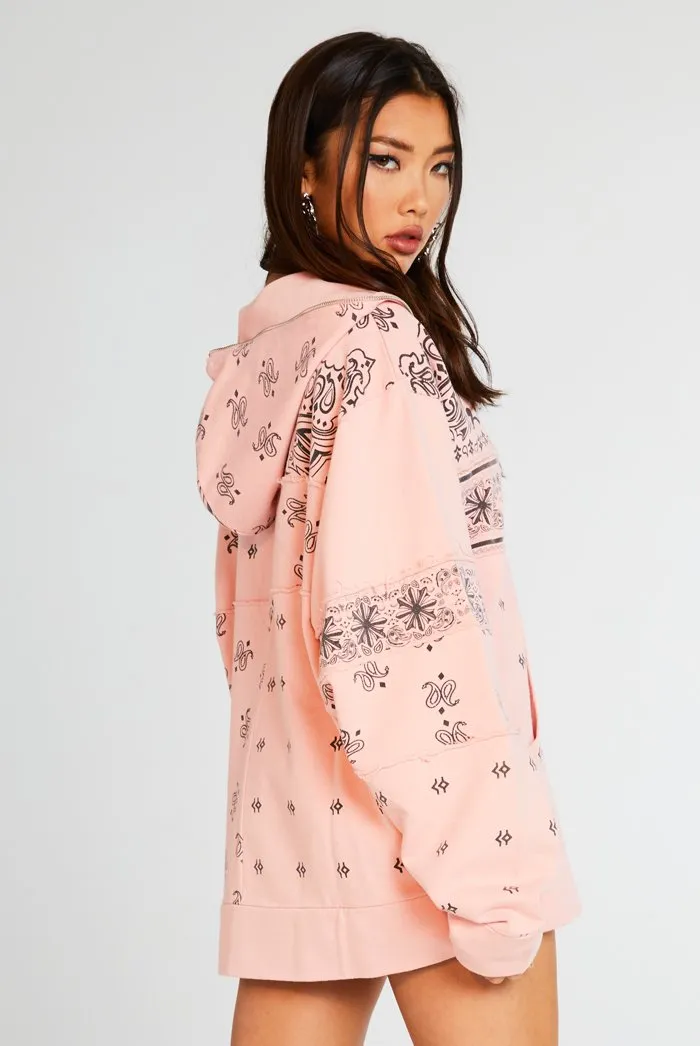 Pink Paisley Cut & Sew Zip Up Hoodie