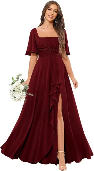 POMUYOO Square Neck Chiffon Bridesmaid Dresses with Sleeve Long Pleat A-Line Formal Party Gowns with Pockets