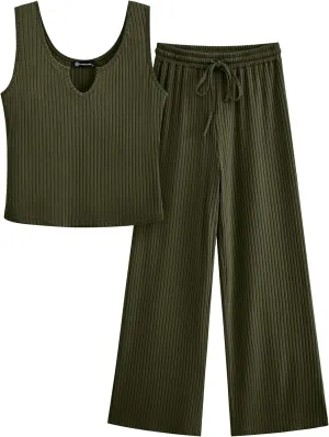 PRETTYGARDEN Women's Summer Casual Two Piece Outfits Sweatsuits Tank Scoop Neck Ribbed Knit Long Pants Tracksuits