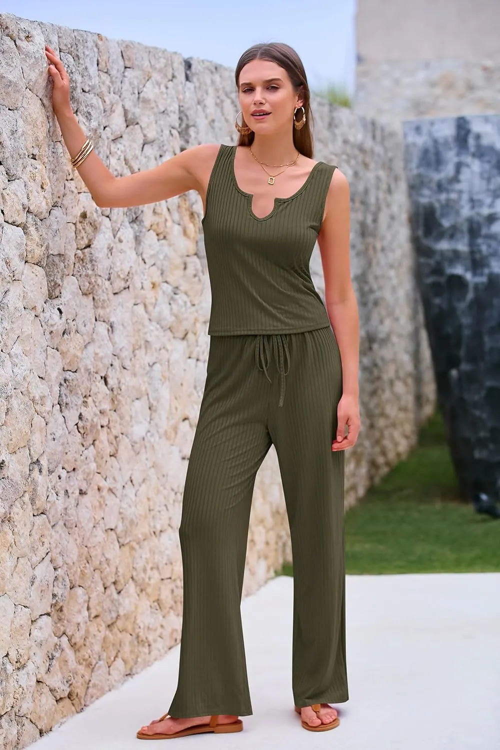 PRETTYGARDEN Women's Summer Casual Two Piece Outfits Sweatsuits Tank Scoop Neck Ribbed Knit Long Pants Tracksuits