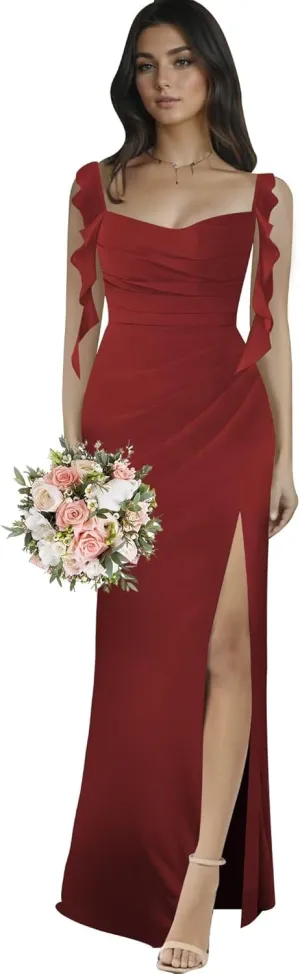 Ruffle Chiffon Bridesmaid Dresses with Slit Long Mermaid Pleated Formal Dresses Evening Gowns for Women