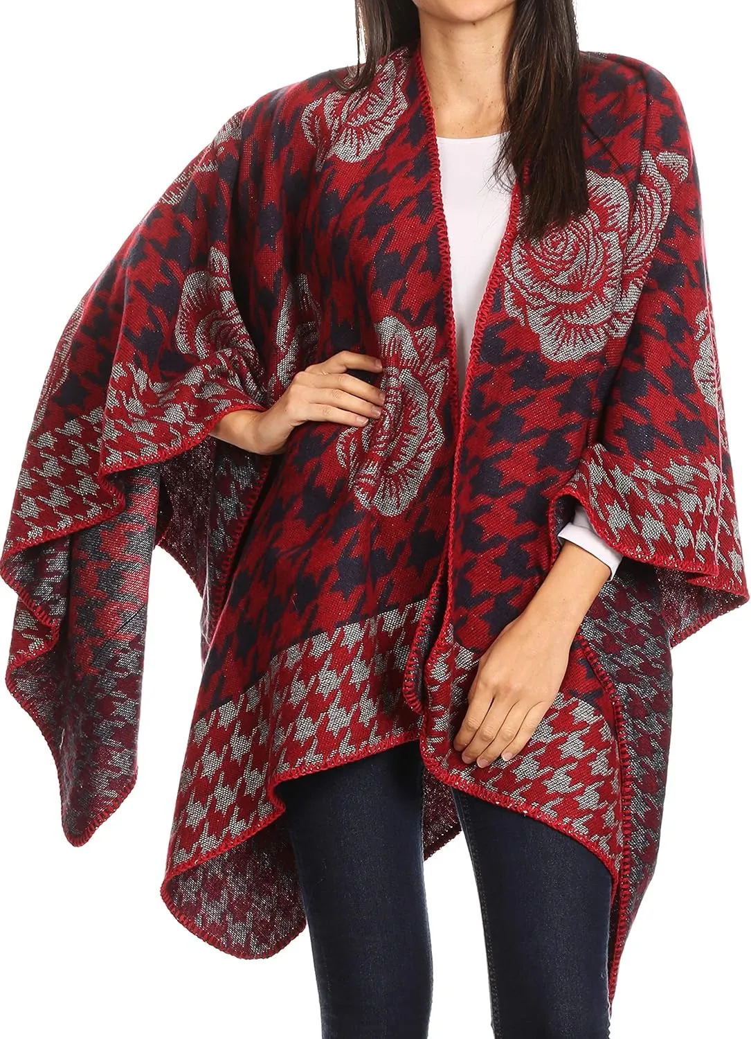 Sakkas Lupe Womens Reversible Poncho Wrap Cape Shawl Sweater Coat Cardigan Pattern