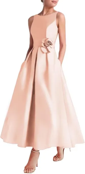SHANDUAO 3D Flower Satin Mother of The Bride Dresses Midi Formal Evening Party Gown with Pocket