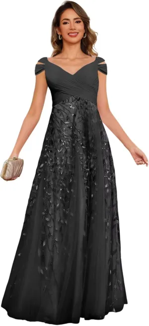 Short Sleeve Mother of The Bride Dresses for Wedding 2025 Women Sequin Sparkly Long Evening Dresses PU188