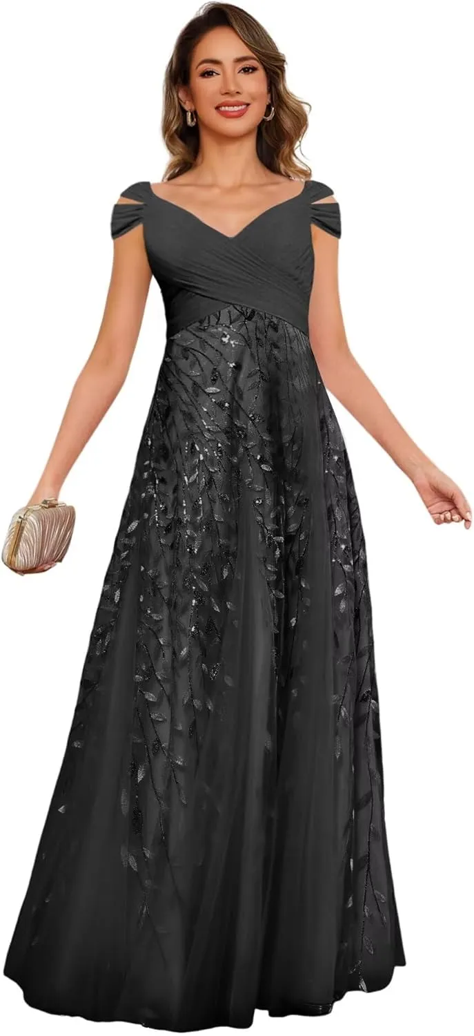 Short Sleeve Mother of The Bride Dresses for Wedding 2025 Women Sequin Sparkly Long Evening Dresses PU188