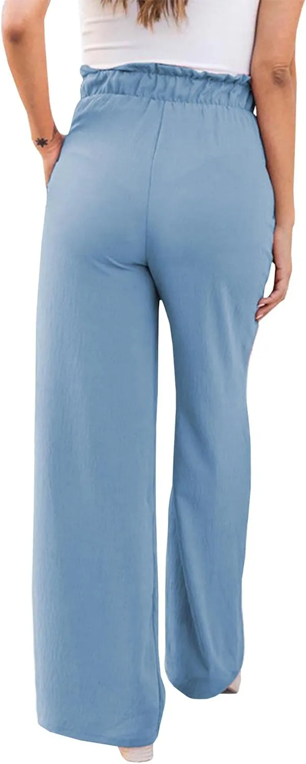 SOMTHRON Women's Paper Bag Belted Wide Leg Pants High Waist Casual Palazzo Flowy Beach Long Trousers