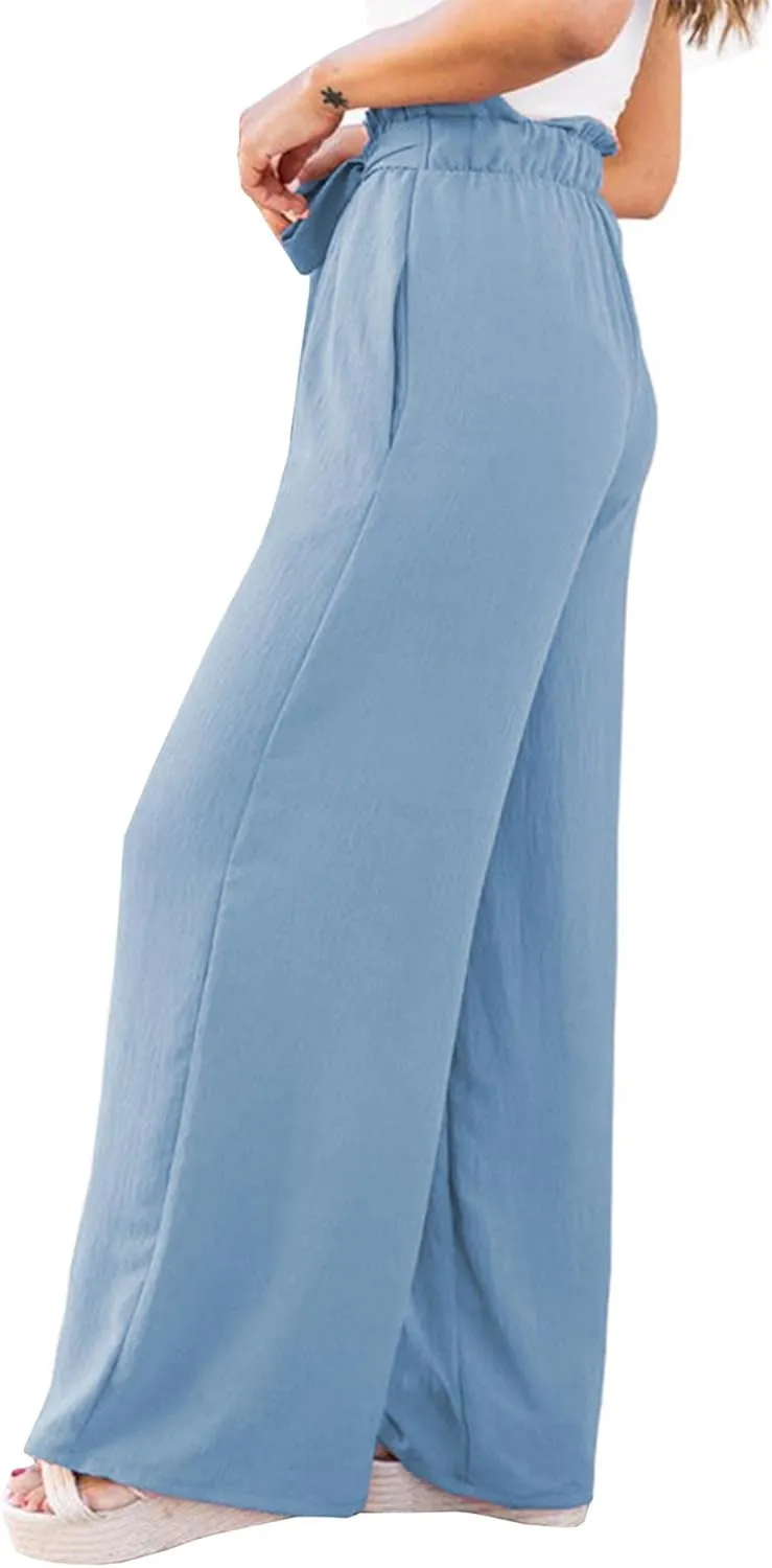 SOMTHRON Women's Paper Bag Belted Wide Leg Pants High Waist Casual Palazzo Flowy Beach Long Trousers