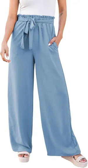 SOMTHRON Women's Paper Bag Belted Wide Leg Pants High Waist Casual Palazzo Flowy Beach Long Trousers
