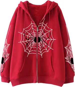 Spider Zip Up Hoodie for Women Y2K Gothic Grunge Long Sleeve Vintage Graphic Oversized Zipper Aesthetic Sweatshirt