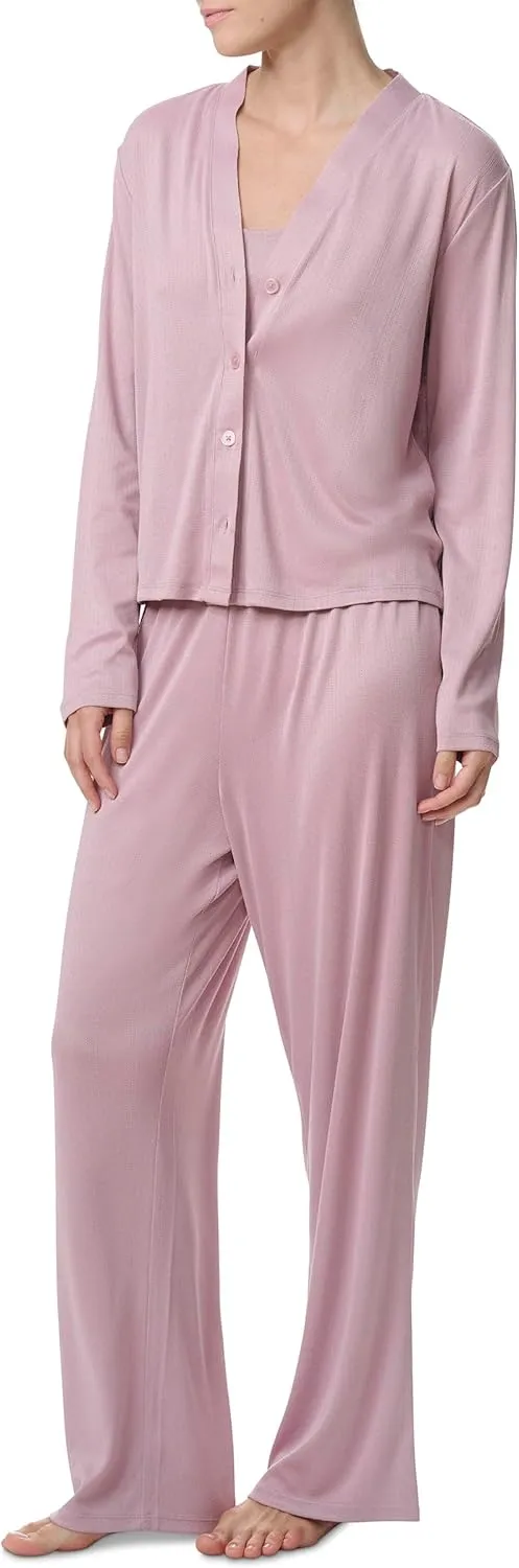 Splendid Women's Long Sleeve Cardigan, Crop Tank and High Waisted Pant 3-Piece Pajama Set