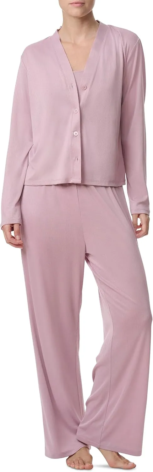 Splendid Women's Long Sleeve Cardigan, Crop Tank and High Waisted Pant 3-Piece Pajama Set