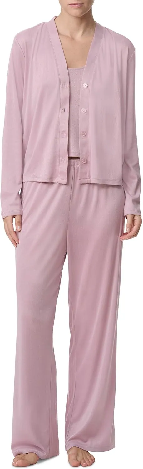 Splendid Women's Long Sleeve Cardigan, Crop Tank and High Waisted Pant 3-Piece Pajama Set