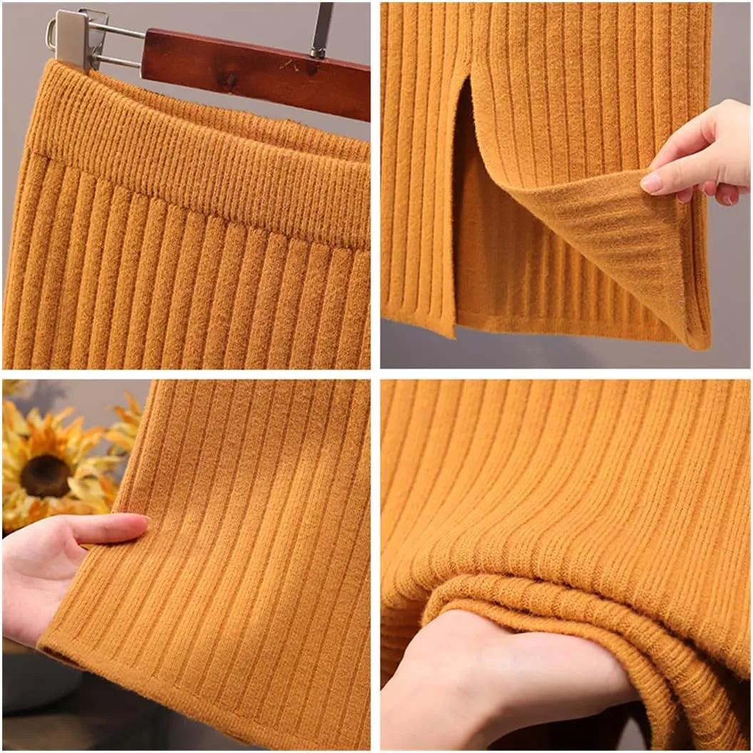 Spring Summer Women Thick Sweater Skirt Elastic High Waist Pleated Midi Knitted Pencil Solid Elegant Skirts