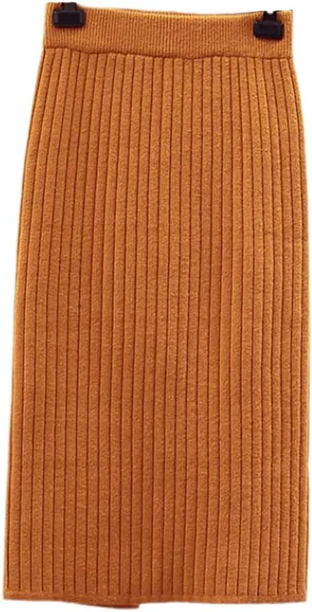 Spring Summer Women Thick Sweater Skirt Elastic High Waist Pleated Midi Knitted Pencil Solid Elegant Skirts