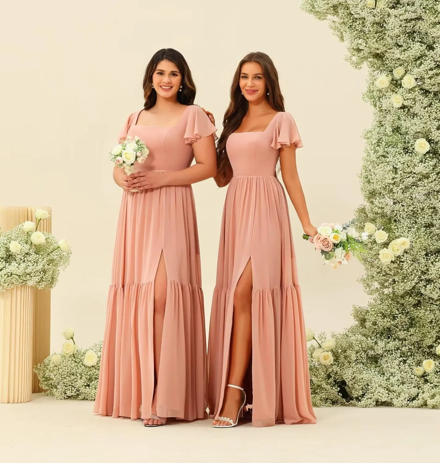 Square Neck Bridesmaid Dresses Ruffle Sleeves Chiffon Formal Dress with Pockets VS103