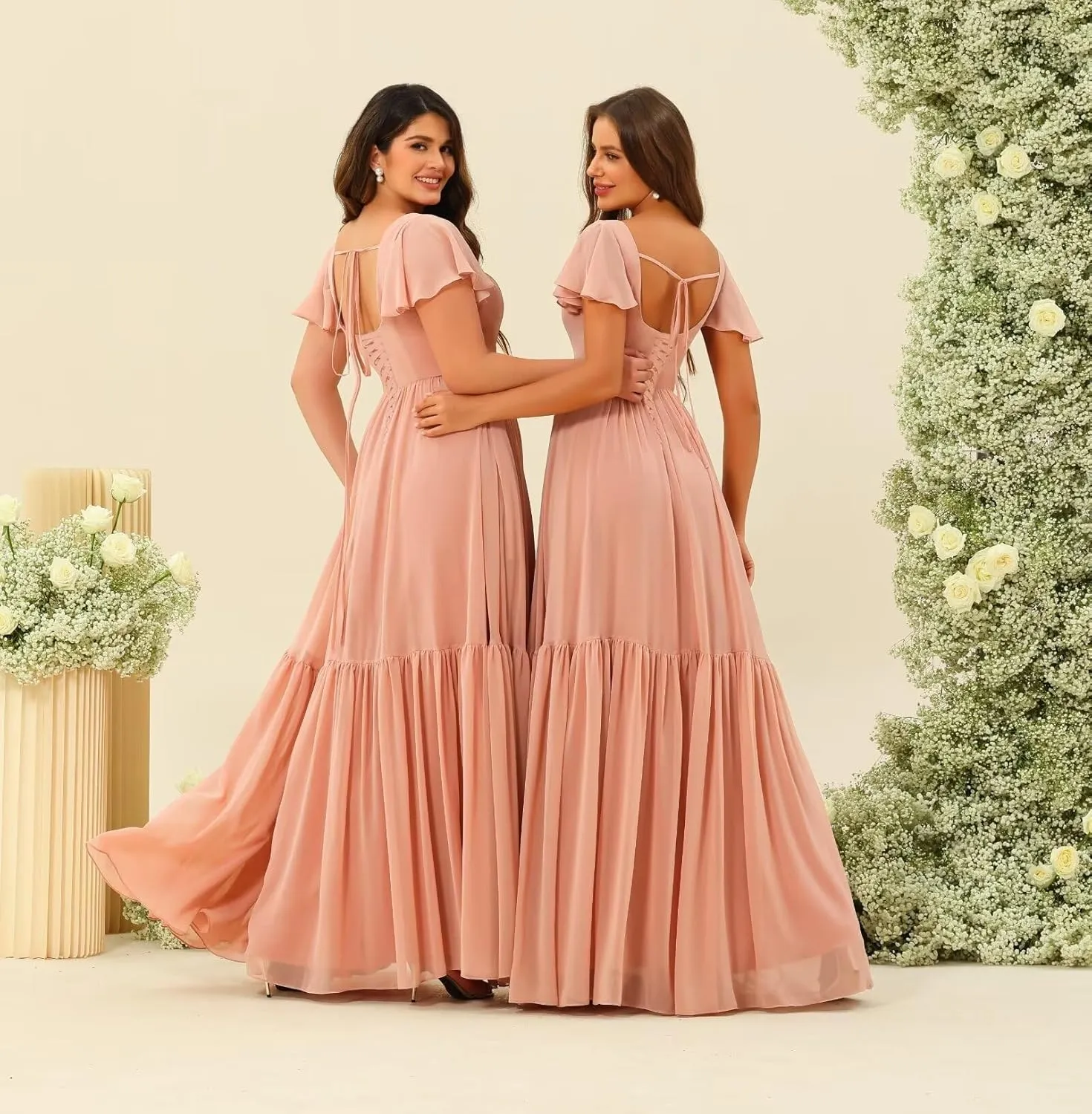 Square Neck Bridesmaid Dresses Ruffle Sleeves Chiffon Formal Dress with Pockets VS103