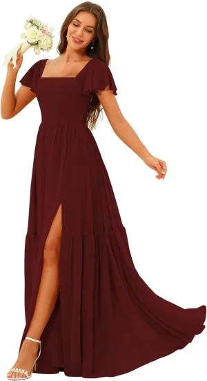 Square Neck Bridesmaid Dresses Ruffle Sleeves Chiffon Formal Dress with Pockets VS103