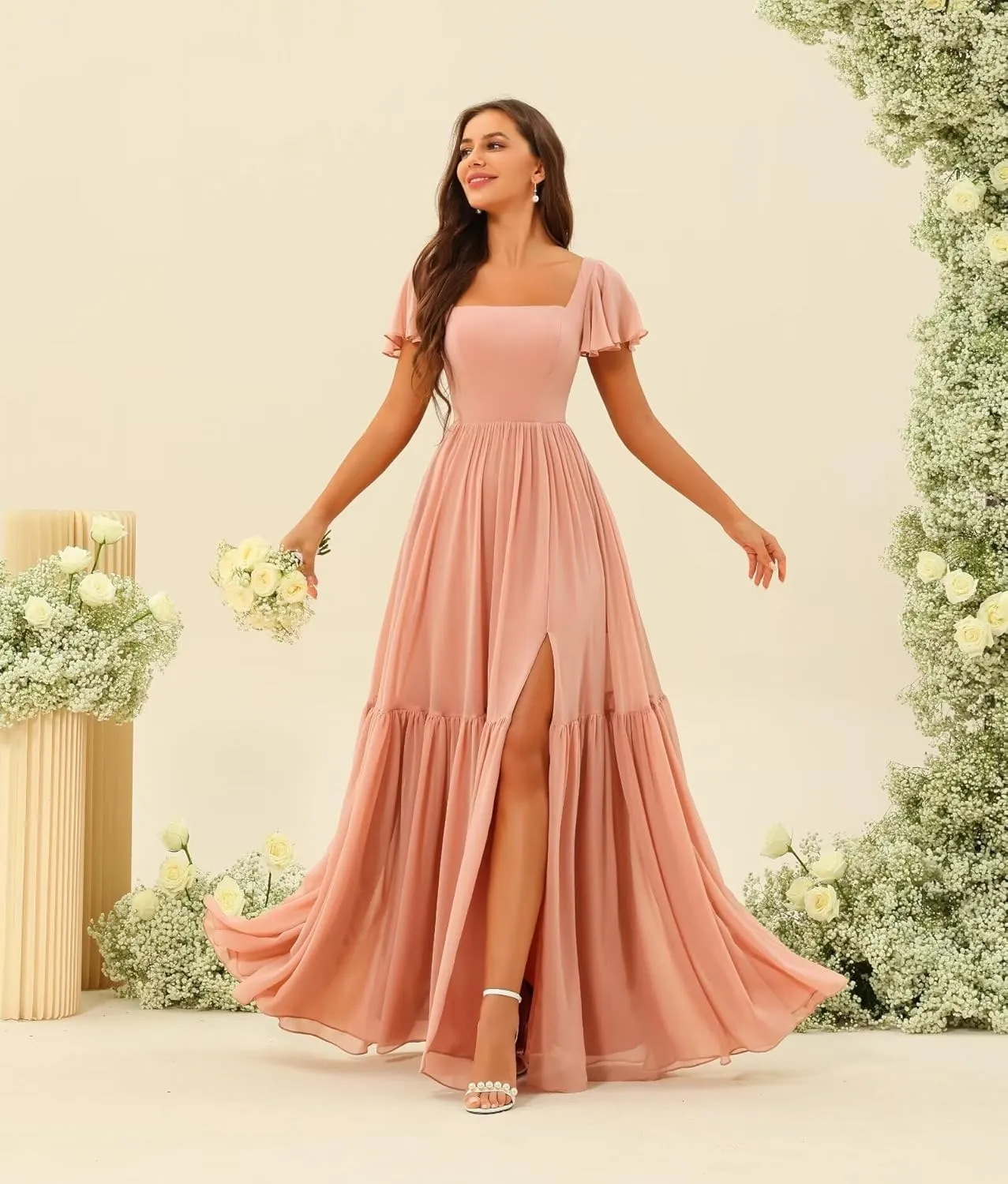 Square Neck Bridesmaid Dresses Ruffle Sleeves Chiffon Formal Dress with Pockets VS103