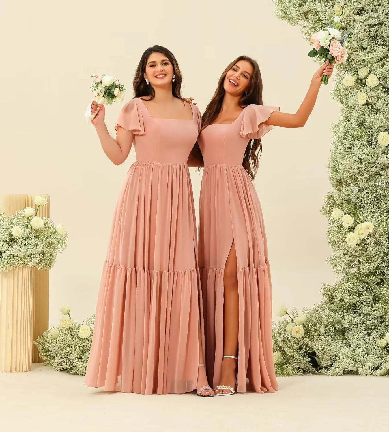Square Neck Bridesmaid Dresses Ruffle Sleeves Chiffon Formal Dress with Pockets VS103