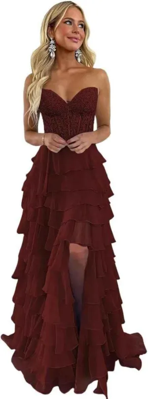 Strapless Prom Dresses for Women Lace Evening Gown Tiered Formal Dress with Slit