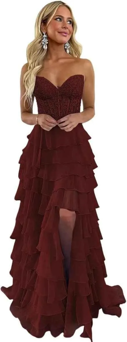 Strapless Prom Dresses for Women Lace Evening Gown Tiered Formal Dress with Slit