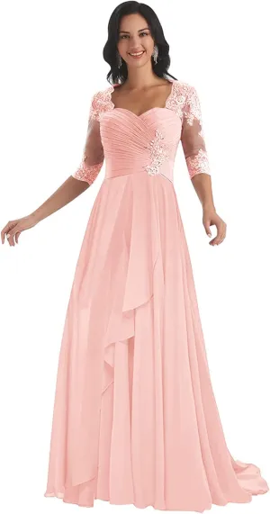Sukleet Lace Appliques Mother of The Bride Dresses with Sleeves Long Formal Evening Dress for Women