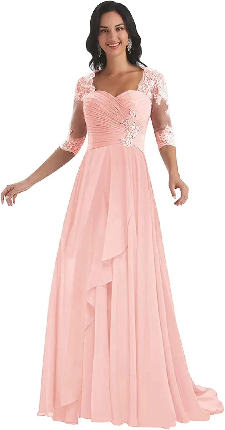 Sukleet Lace Appliques Mother of The Bride Dresses with Sleeves Long Formal Evening Dress for Women