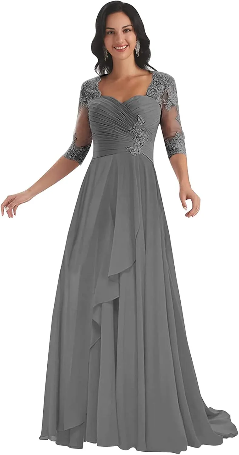 Sukleet Lace Appliques Mother of The Bride Dresses with Sleeves Long Formal Evening Dress for Women