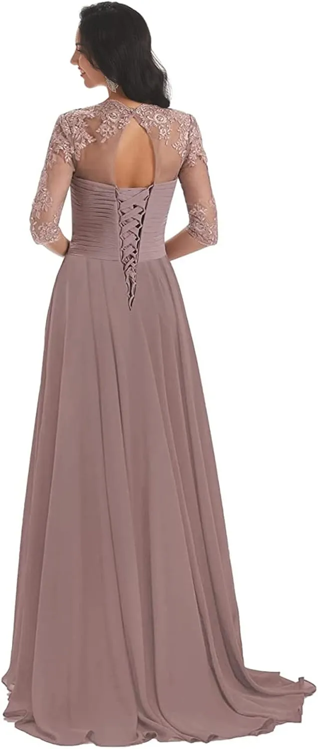 Sukleet Lace Appliques Mother of The Bride Dresses with Sleeves Long Formal Evening Dress for Women