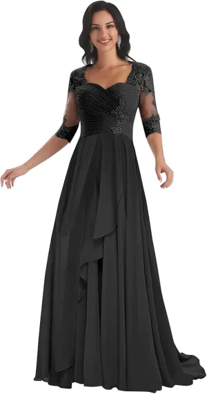 Sukleet Lace Appliques Mother of The Bride Dresses with Sleeves Long Formal Evening Dress for Women