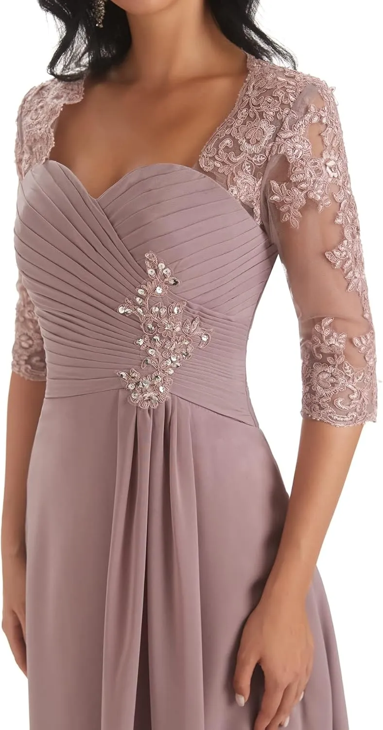 Sukleet Lace Appliques Mother of The Bride Dresses with Sleeves Long Formal Evening Dress for Women