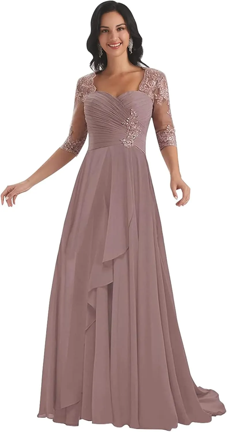 Sukleet Lace Appliques Mother of The Bride Dresses with Sleeves Long Formal Evening Dress for Women