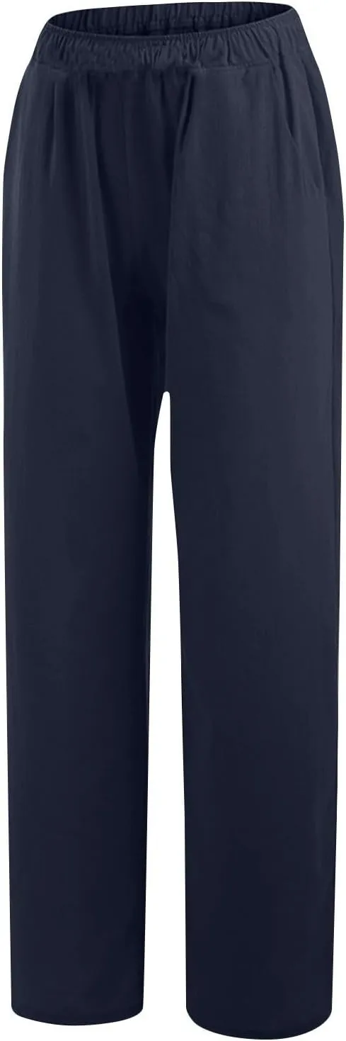 Summer Wide Leg Trousers for Women Trendy Elastic Waist Cotton Linen Pants Ladies Beach Palazzo Pants with Pockets