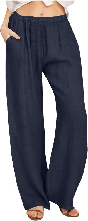 Summer Wide Leg Trousers for Women Trendy Elastic Waist Cotton Linen Pants Ladies Beach Palazzo Pants with Pockets