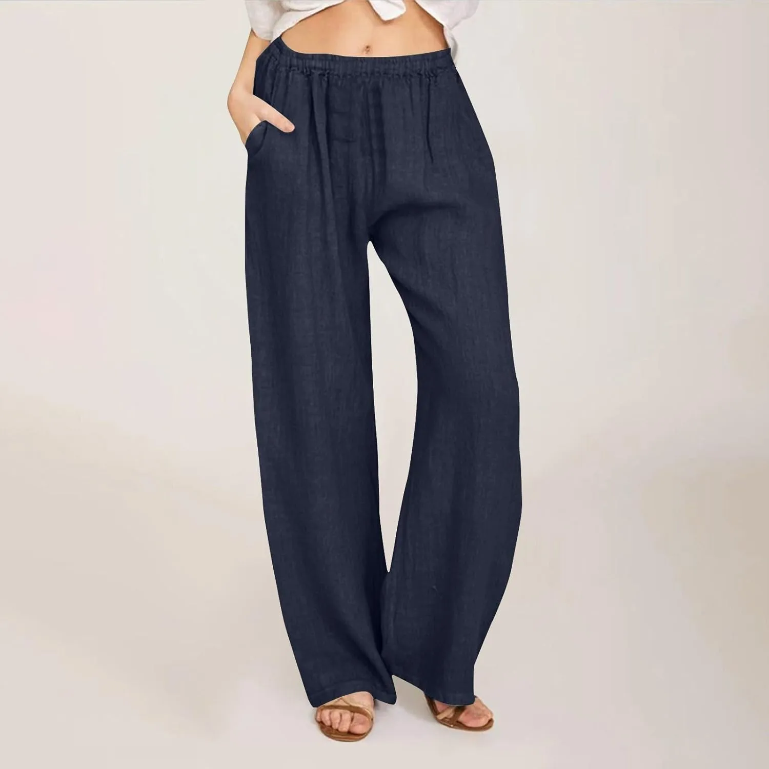 Summer Wide Leg Trousers for Women Trendy Elastic Waist Cotton Linen Pants Ladies Beach Palazzo Pants with Pockets