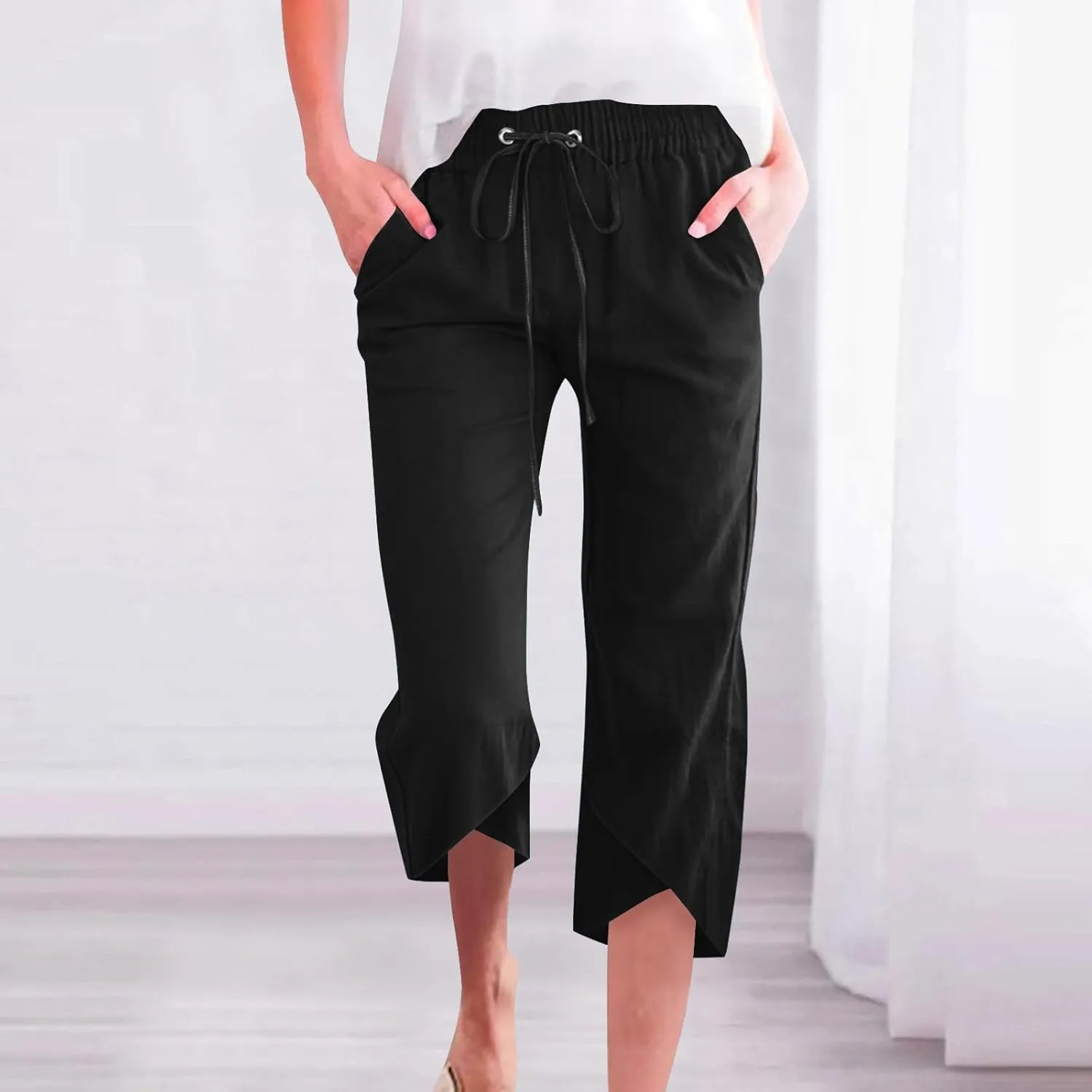 TANGNADE Womens Cotton Linen Wide Leg Capris Pants Casual Loose Beach Summer Ladies Capri Travel Boho Trouser
