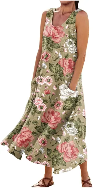 Tank Maxi Dress for Women with Pockets Summer Beach Dresses Casual Loose Fit Cotton Flowy Sundress Plus Size