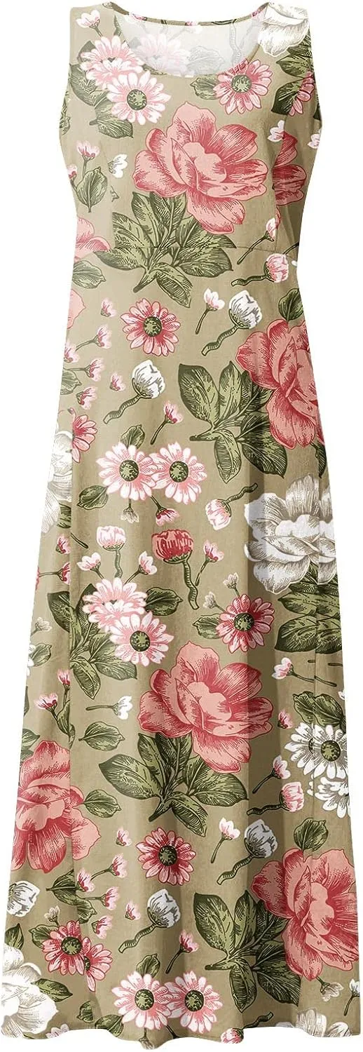 Tank Maxi Dress for Women with Pockets Summer Beach Dresses Casual Loose Fit Cotton Flowy Sundress Plus Size