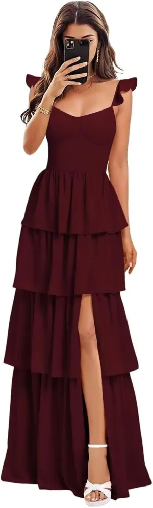 Tiered Ruffle Bridesmaid Dresses for Women 2025 A Line Chiffon Formal Evening Prom Dress with High Slit