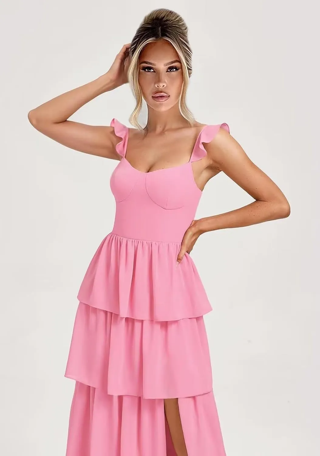 Tiered Ruffle Bridesmaid Dresses for Women 2025 A Line Chiffon Formal Evening Prom Dress with High Slit