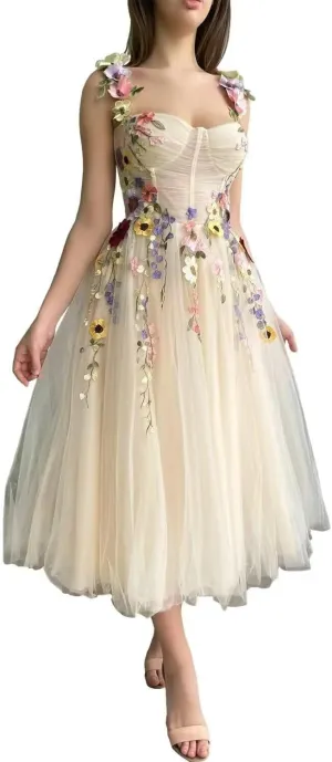Tulle 3D Flowers Prom Dresses Long for Women Spaghetti Straps Sweetheart Neck Formal Evening Gowns with Pockets.