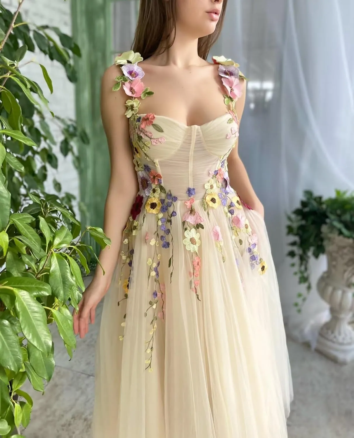 Tulle 3D Flowers Prom Dresses Long for Women Spaghetti Straps Sweetheart Neck Formal Evening Gowns with Pockets.