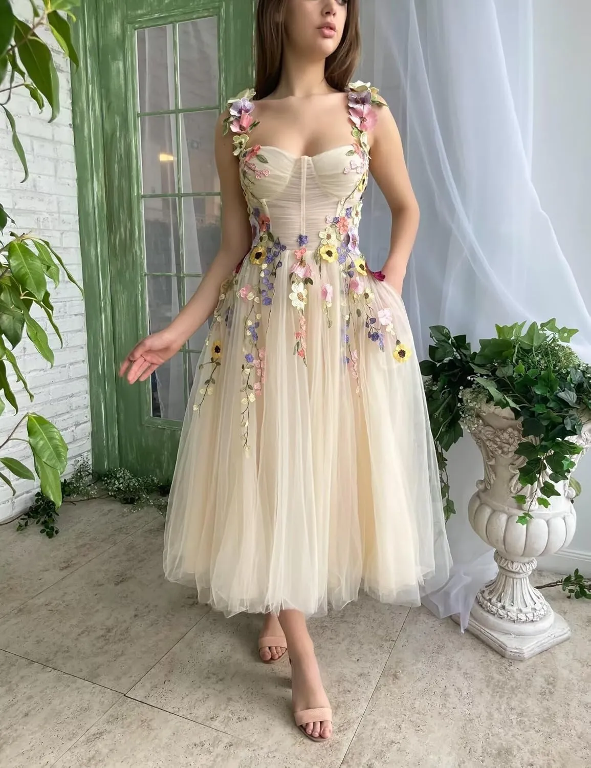 Tulle 3D Flowers Prom Dresses Long for Women Spaghetti Straps Sweetheart Neck Formal Evening Gowns with Pockets.