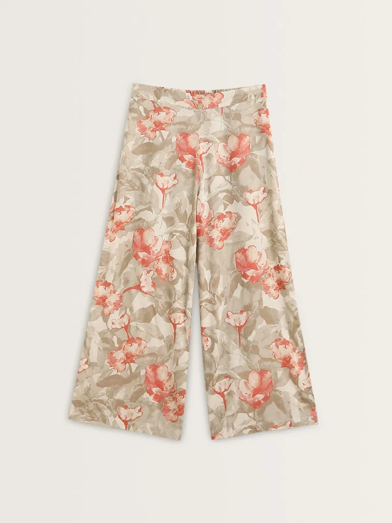 Utsa Taupe Floral Pattern Mid-Rise Palazzos